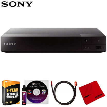 Sony BDPBX370 Streaming Blu-Ray Disc Player with WiFi Bundle with Deco Gear 6FT 4K HDMI Cable, Microfiber Cleaning Cloth, Deco Essentials Laser Lens Cleaner & 1 Year CPS Enhanced Protection Pack