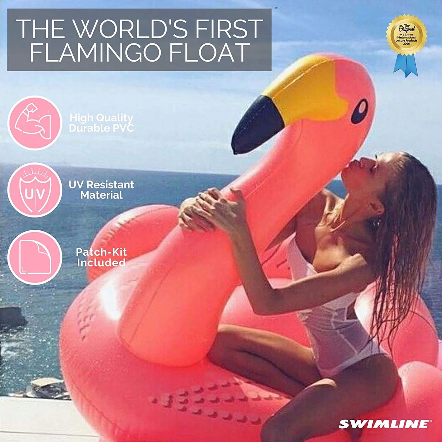 SWIMLINE ORIGINAL 90627 Giant Inflatable Flamingo Pool Float Floatie Ride-On Lounge W/ Stable Legs Wings Large Rideable Blow Up Summer Beach Swimming Party Lounge Big Raft Tube Decoration Toys Kids