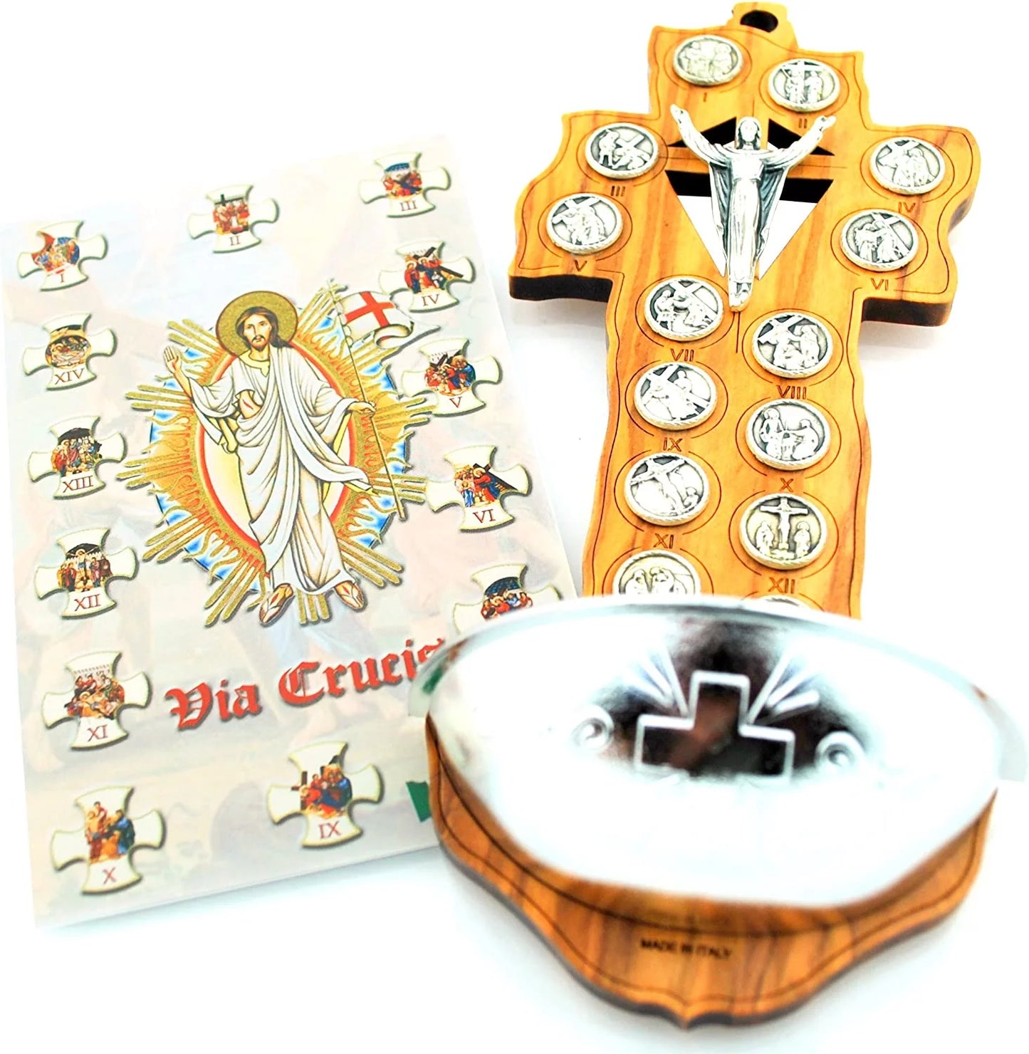 7" Olive Wood Crucifix Style Holy Water Font