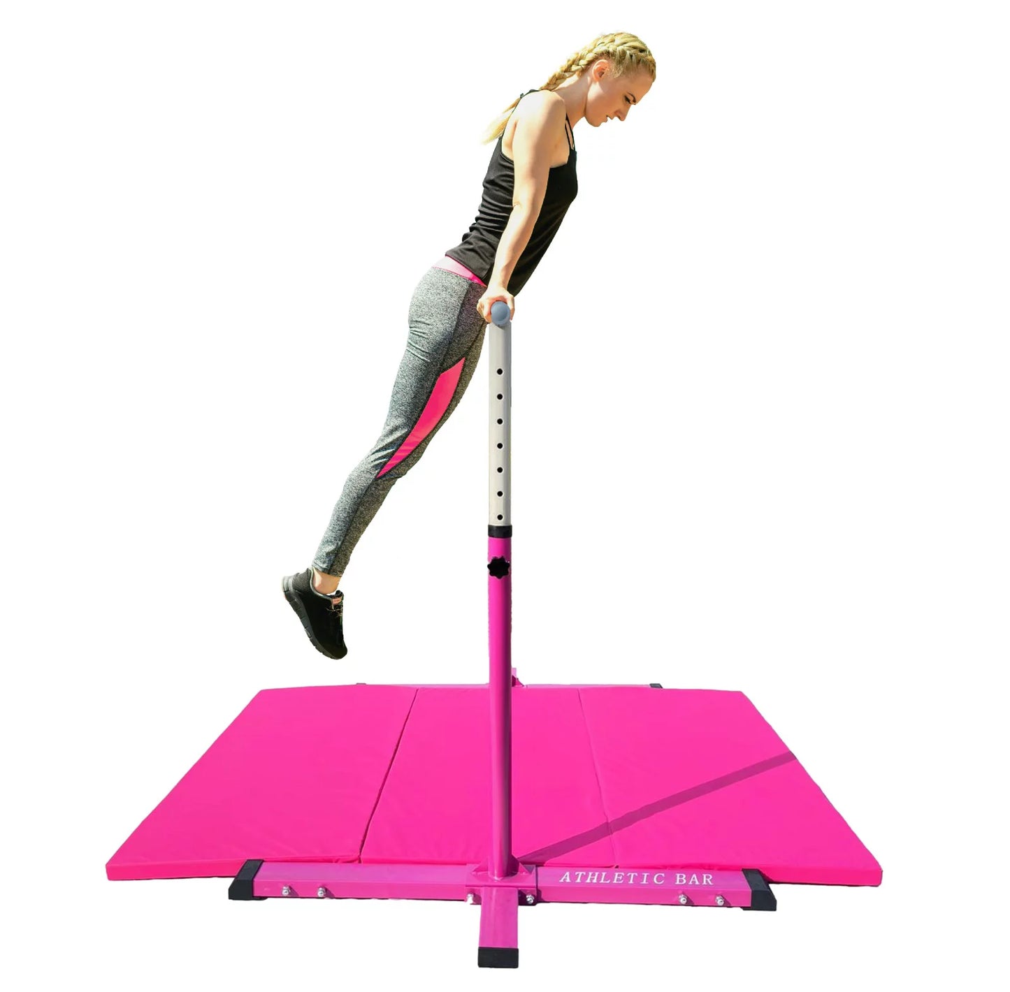 Athletic Bar Expandable Gymnastics Kip Bar for Kids with 6’x4’ Gymnastics Mat and Cushioned Handrail, Height Adjustable 3 to 5 FT Horizontal Bar, Gymnastic Bar for Junior Gymnasts Training Bar Pink