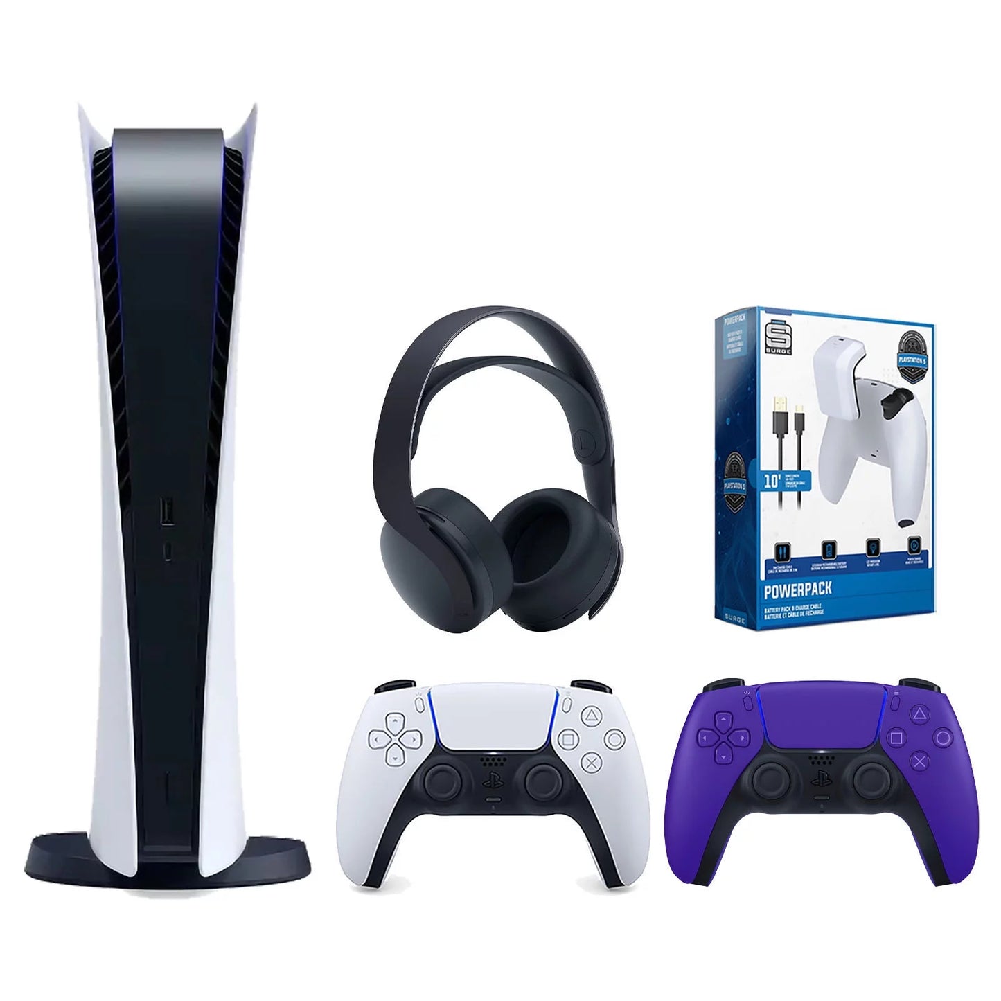 Sony Playstation 5 Digital Edition Console with Extra Purple Controller, Black PULSE 3D Headset and Surge PowerPack Battery Pack & Charge Cable Bundle