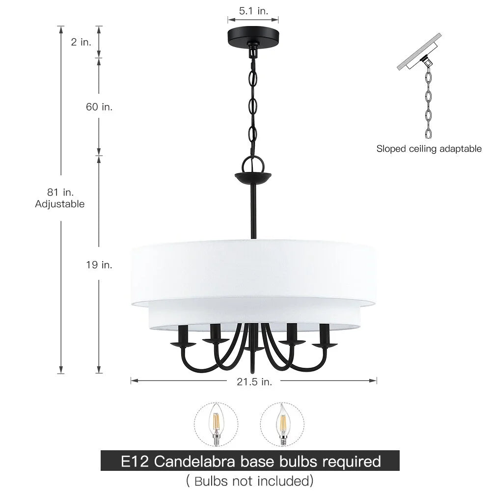 TRUE FINE Martina 5-Light Black Chandelier Light with White Double Drum Shade - 21.5"W