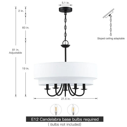 TRUE FINE Martina 5-Light Black Chandelier Light with White Double Drum Shade - 21.5"W