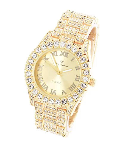 Charles Raymond Women's Big Rocks Blinged Out Dial with Roman Numerals Fully Iced Out Hip Hop Wristwatch - ST10327LA (Gold-Gold)