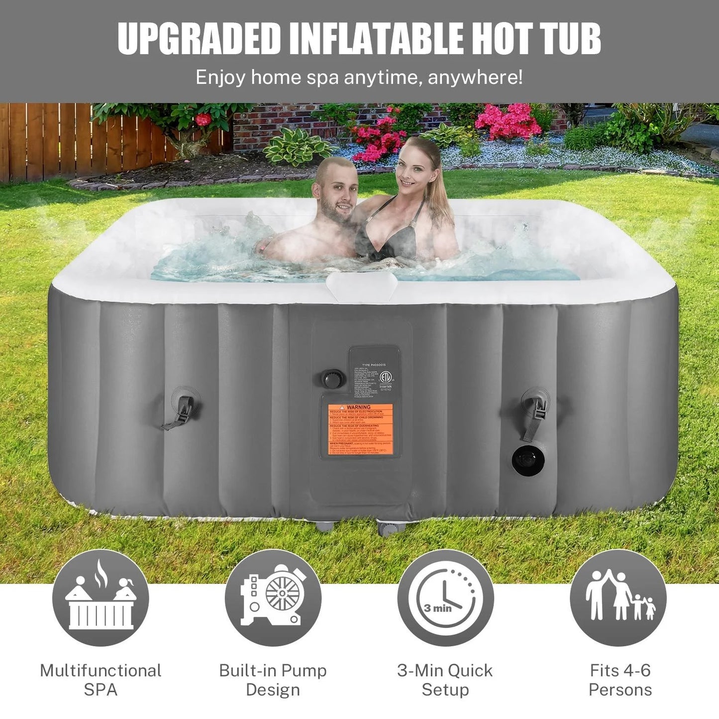 73''Inflatable Hot Tub, Outdoor Hot Tub for 6 Person Indoor Home Spa with Hidden Machine, 130 Massage Jets, Lockable Cover, Storage Bag, Mat, Max 104℉, 910L Capacity