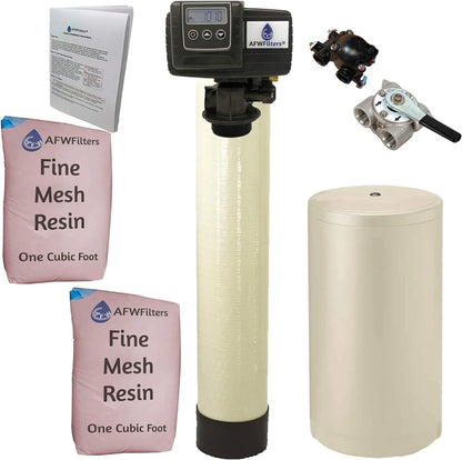 AFWFilters 2 cubic Foot 64k Whole Home Iron Pro Water Softener with Fine Mesh Resin, 3/4" Stainless Steel FNPT Connection, and Almond Tanks