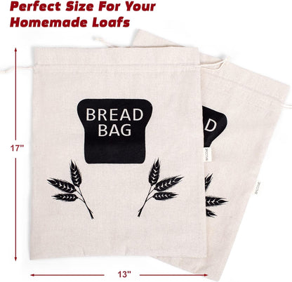 Baodeli 2 X Bread Bags for Homemade Bread - Plastic Lined, Reusable Linen Cloth Saver Bag For Sourdough & Homemade Bread Storage - 17" x 13" XL