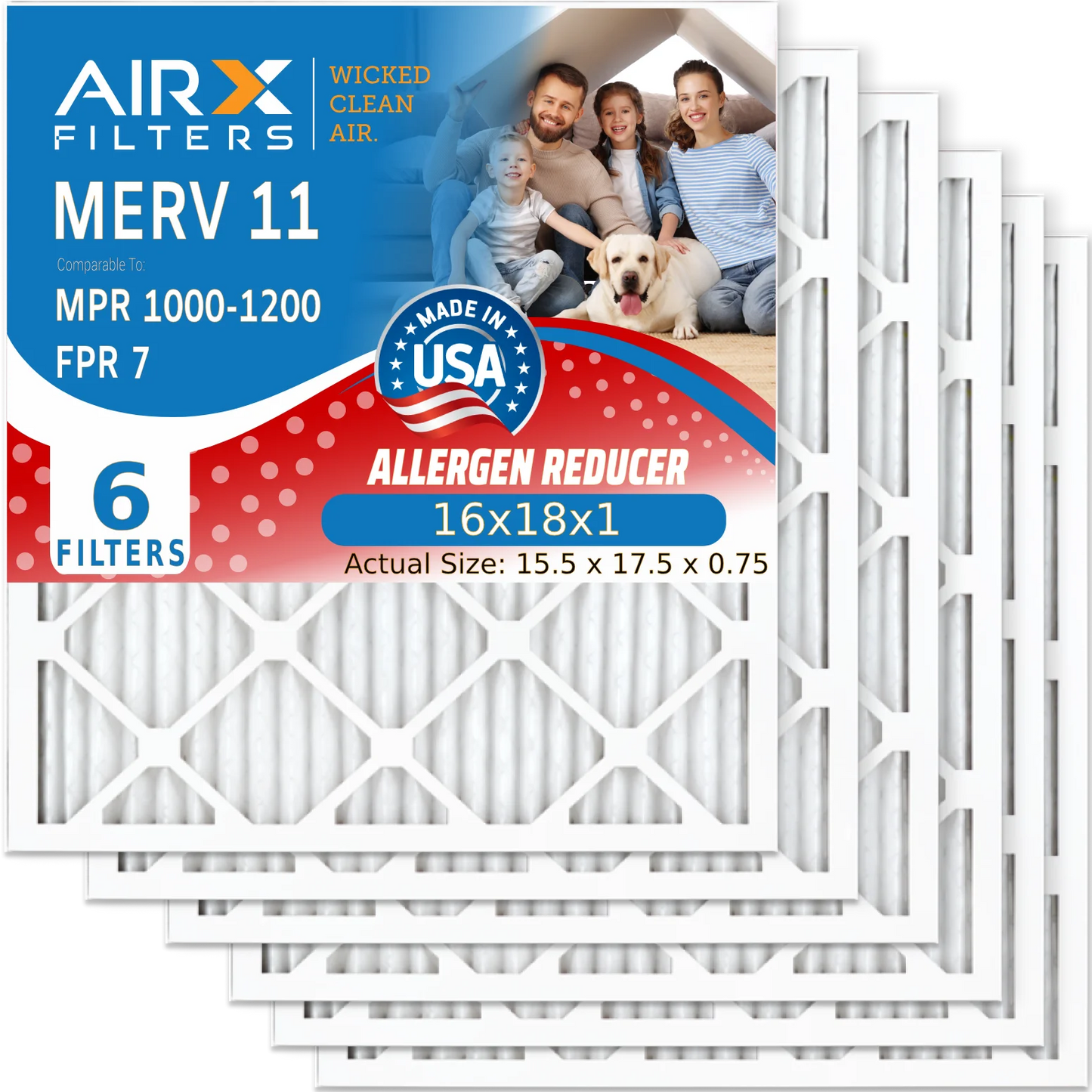 16x18x1 Air Filter MERV 11 Comparable to MPR 1000, MPR 1200 & FPR 7 Electrostatic Pleated Air Conditioner Filter 6 Pack HVAC Premium USA Made 16x18x1 Furnace Filters by AIRX FILTERS WICKED CLEAN AIR.