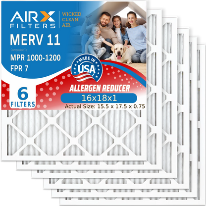 16x18x1 Air Filter MERV 11 Comparable to MPR 1000, MPR 1200 & FPR 7 Electrostatic Pleated Air Conditioner Filter 6 Pack HVAC Premium USA Made 16x18x1 Furnace Filters by AIRX FILTERS WICKED CLEAN AIR.