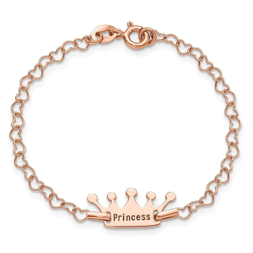 Auriga Fine Jewelry 925 Sterling Silver Rose-Tone Princess Crown Heart Link Bracelet 6inch for Women