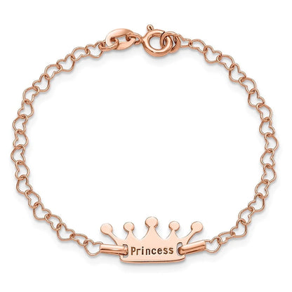 Auriga Fine Jewelry 925 Sterling Silver Rose-Tone Princess Crown Heart Link Bracelet 6inch for Women