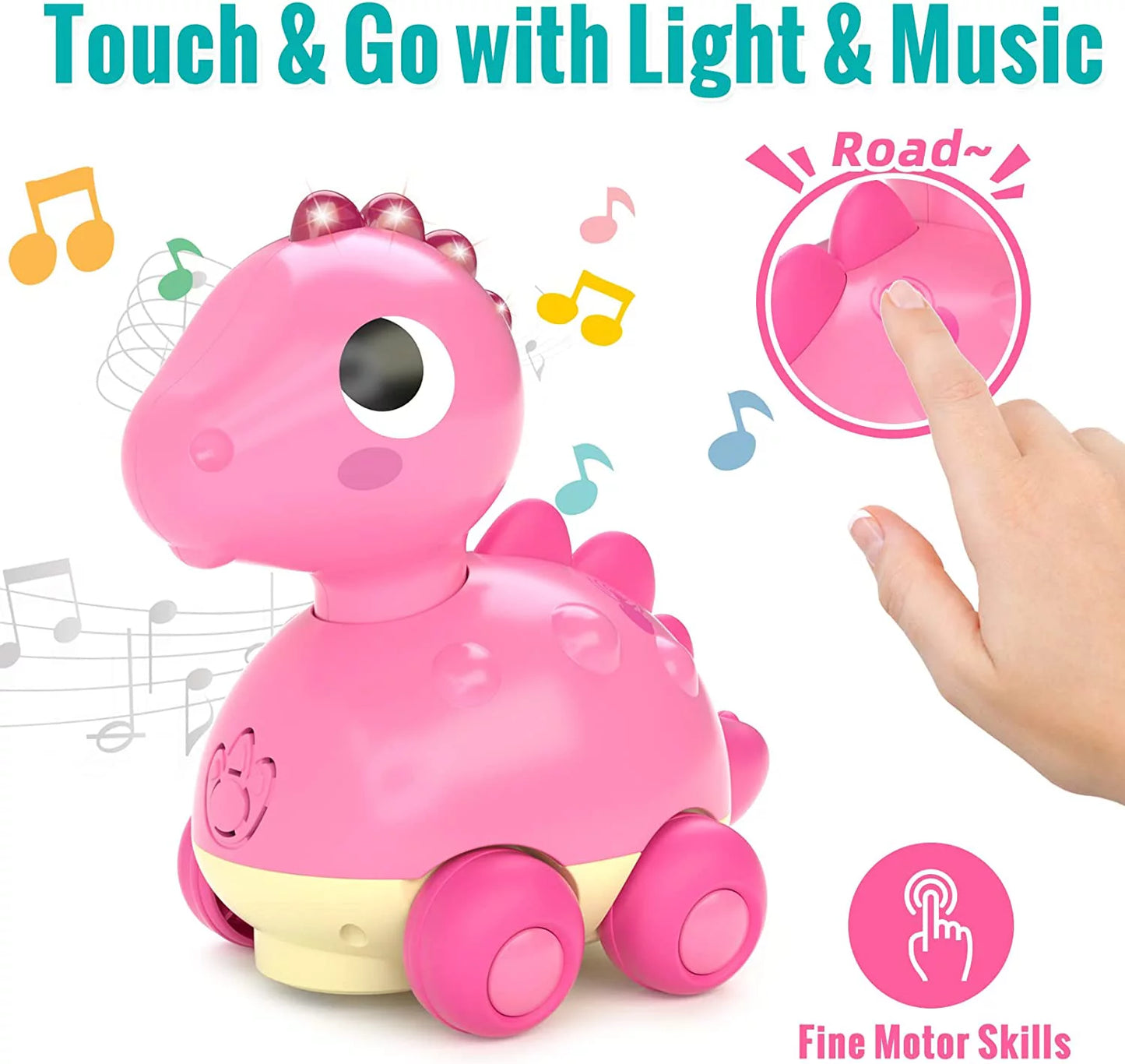 Baby Toys for 12-18 Months Baby Crawling Toys Touch & Go Musical Light for Baby Girl Toys - Infant Toys Gifts Toys for 1 to 2 3 Year Old Girl, Musical Toy Dinosaur for Age 1 2, 12 to 18 Months, Pink