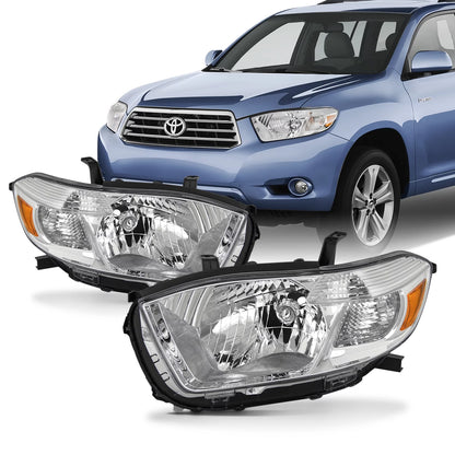 AKKON - Fits 2008 2009 2010 Toyota highlander [Halogen Type] Chrome Headlights Pair Left+Right Replacement