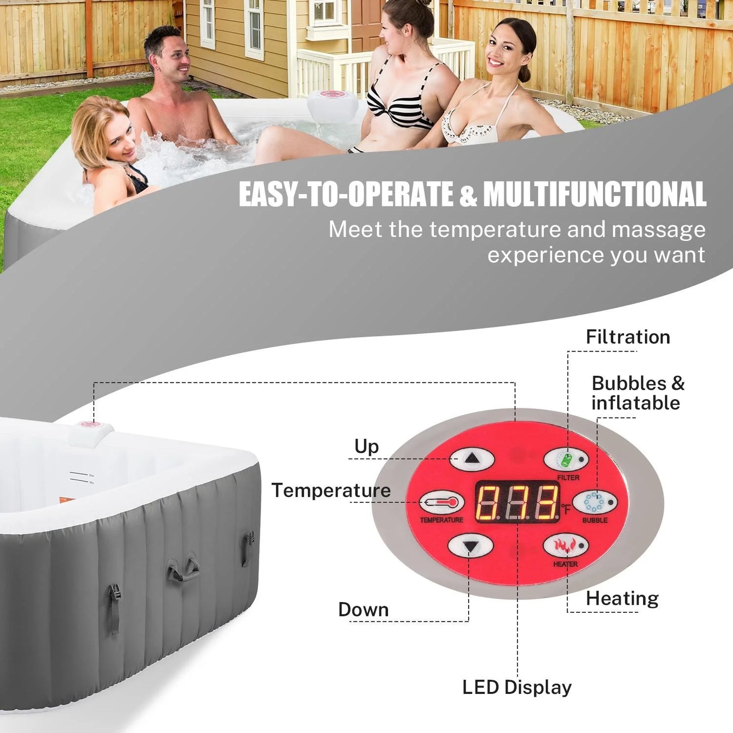 73''Inflatable Hot Tub, Outdoor Hot Tub for 6 Person Indoor Home Spa with Hidden Machine, 130 Massage Jets, Lockable Cover, Storage Bag, Mat, Max 104℉, 910L Capacity