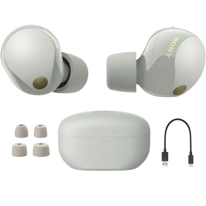 Sony WF-1000XM5 Industry Leading Noise Canceling Truly Wireless Earbuds (Silver) Bundle with Silicone Case (Blue), Memory Foam Ear Tips, USB-A to USB-C Cable & 1 YR CPS Enhanced Protection Pack