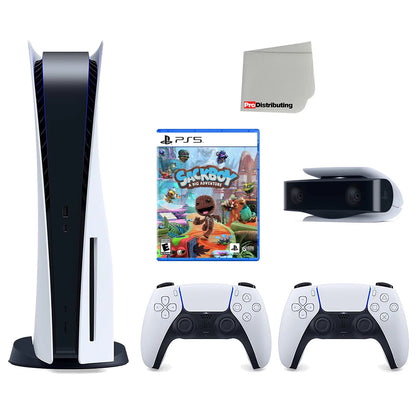 Sony Playstation 5 Disc Version Console with Extra White Controller, 1080p HD Camera and Sackboy: A Big Adventure Bundle with Cleaning Cloth