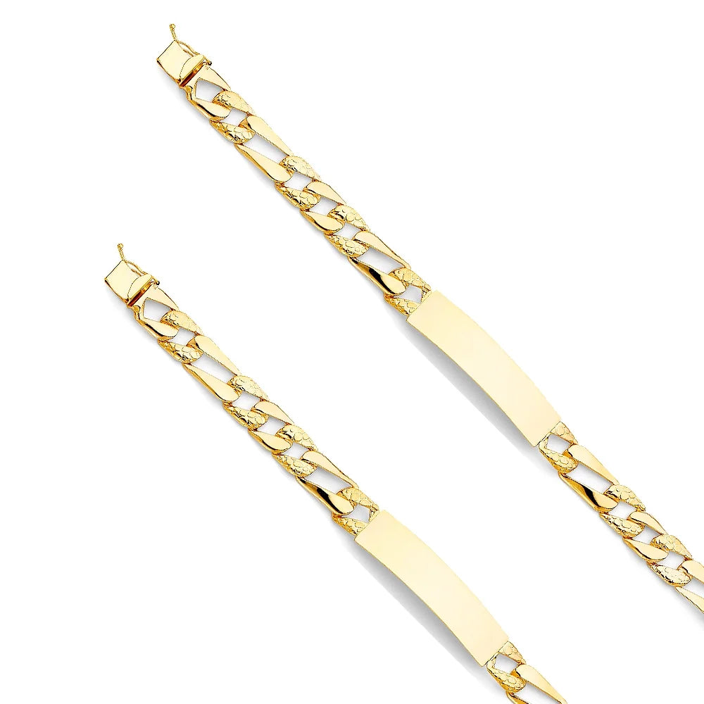 14k Yellow Gold Stamp Nugget Figaro Link ID Bracelet - 8" | Elegant 14KY Gold Chain Bracelets for Women and Men| Weight 13.6 | Men’s Jewelry for Gift