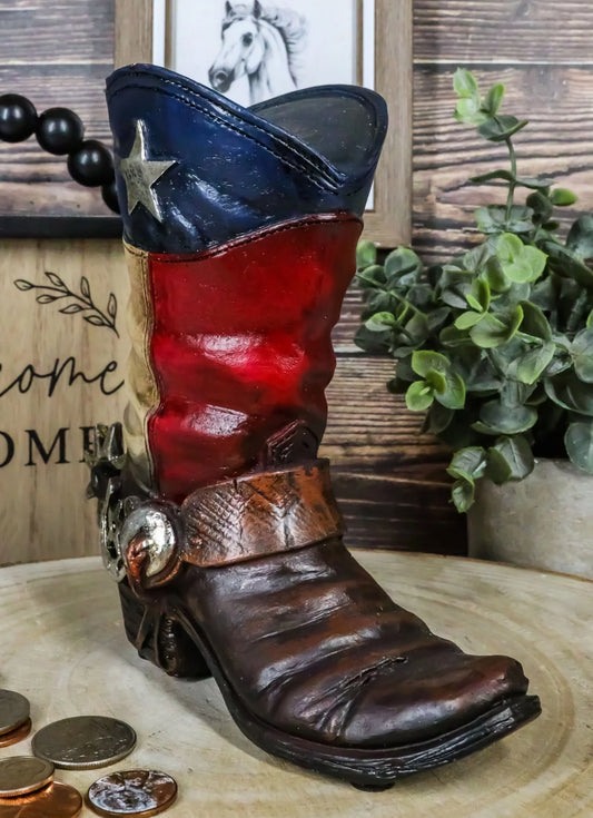 Rustic Western Patriotic Texas State Flag Cowboy Boot Money Coin Piggy Bank