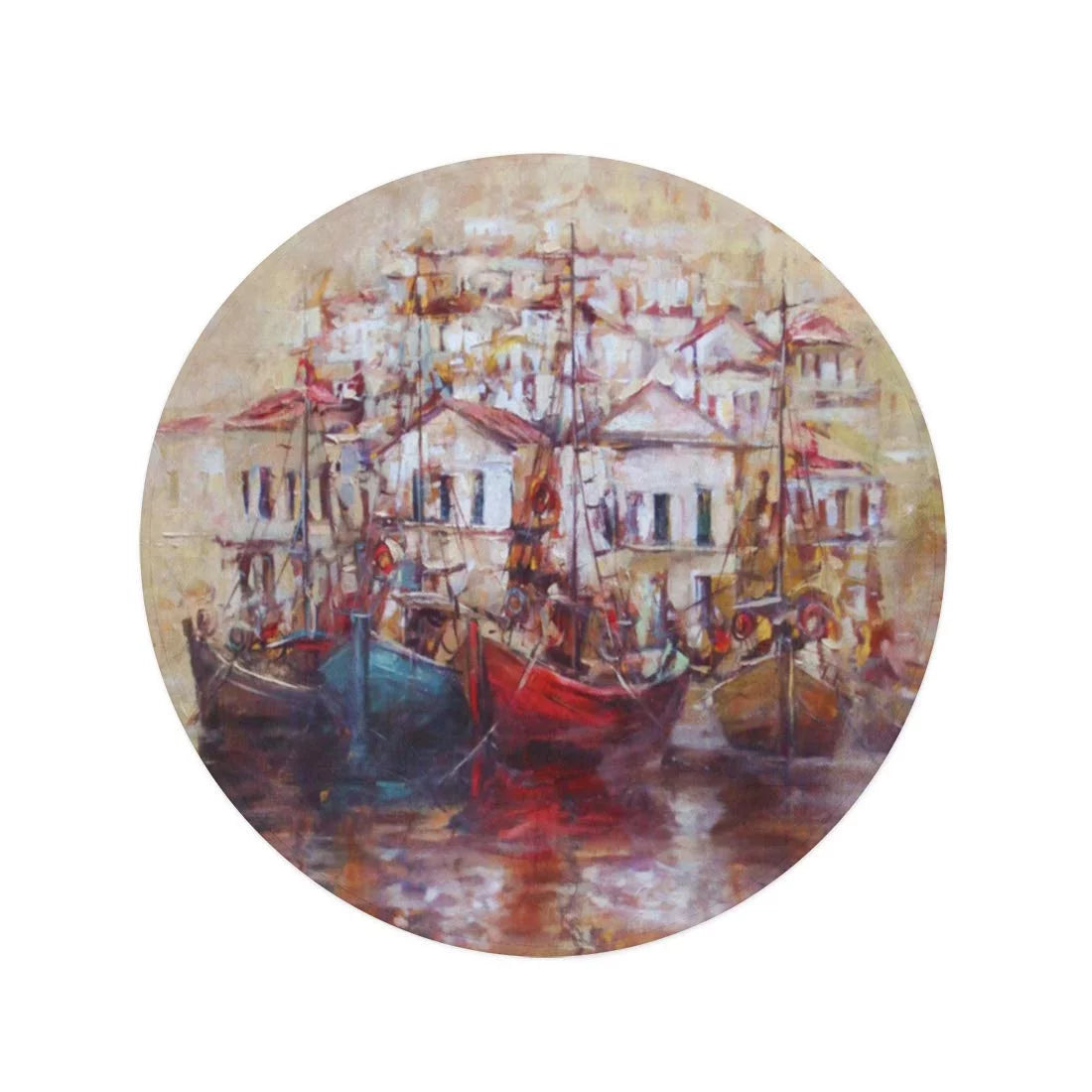 SIDONKU 60 inch Round Beach Towel Blanket Red Roof Boats Island Harbor Oil Painting on Canvas Travel Circle Circular Towels Mat Tapestry Beach Throw