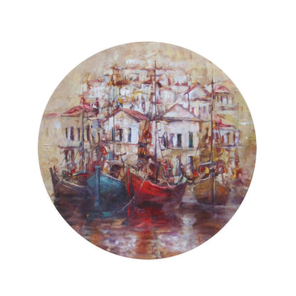 SIDONKU 60 inch Round Beach Towel Blanket Red Roof Boats Island Harbor Oil Painting on Canvas Travel Circle Circular Towels Mat Tapestry Beach Throw