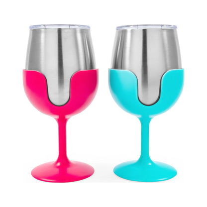 Camco Life Is Better at the Campsite 8oz Wine Tumblers | Kitchen Grade Stainless Steel, Pink and Teal | 2-Pack (51915)