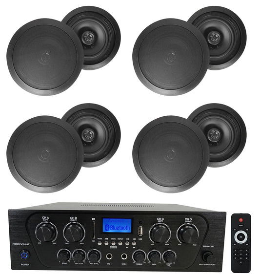 Rockville RPA40BT 4-Room Home Audio Kit Receiver+(8) 8" Black Ceiling Speakers