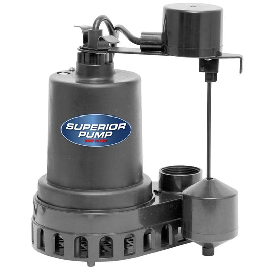 Superior Pump 92572 1/2 HP Thermoplastic Submersible Water Sump Pump with Vertical Float Switch, Black