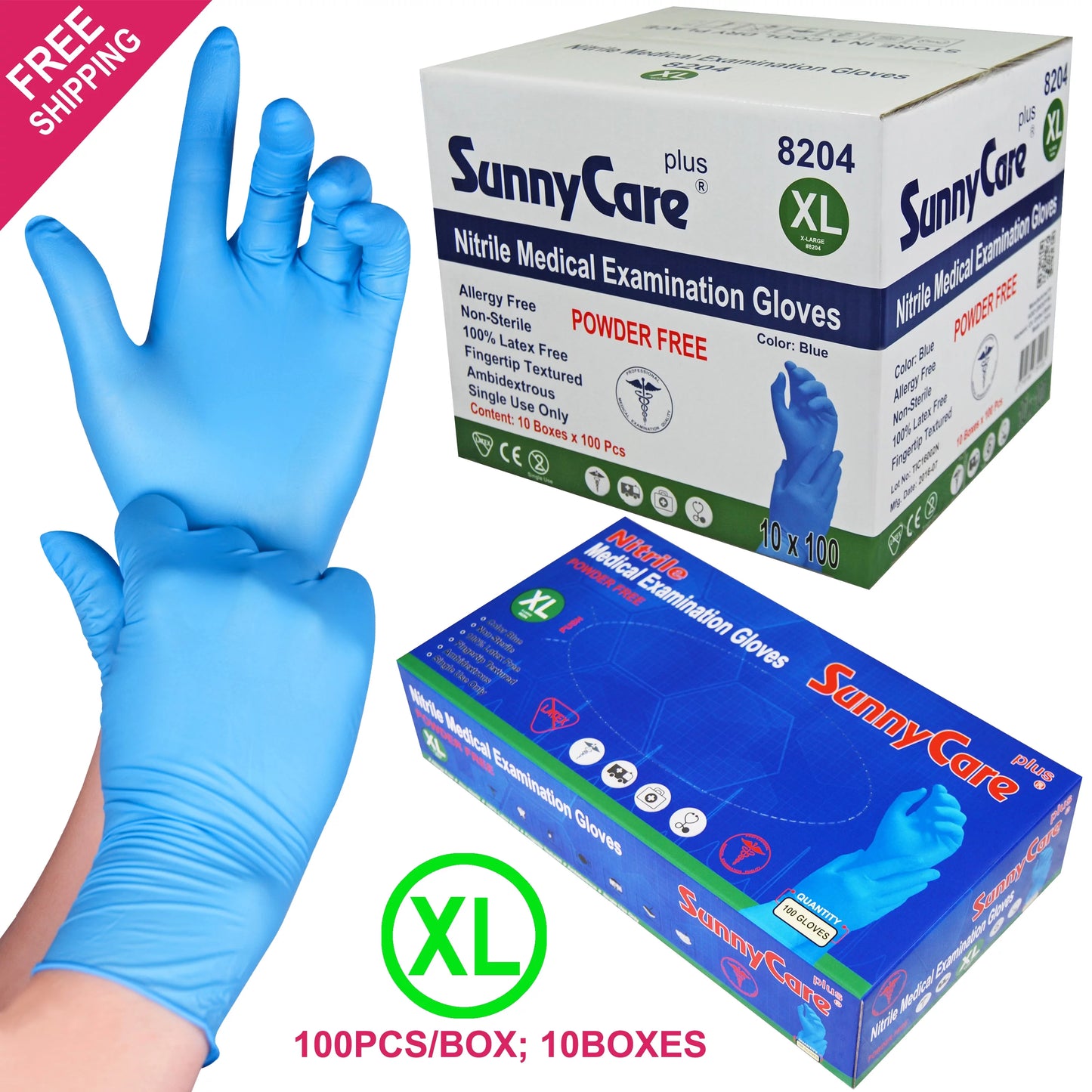 1000 SunnyCare Nitrile Medical Exam Gloves Powder Free Chemo-Rated (Non Vinyl Latex) Size: X-Large