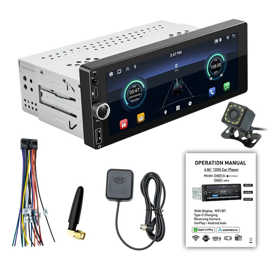 6.86 Inch Android 13 Car Stereo - Single-Din GPS Navigation with Touchscreen, Android Auto Support, WiFi/BT Connection, RDS Radio, Mirror Phone Link, Reverse Image, and Steering Wheel Control