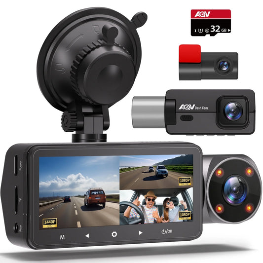 AQV ZD60 DashCam 2K +1080P+1080P Front Rear and Inside 3 Channel Car Camera with Infrared Night Vision, Parking Monitoring, Reverse Camera, G-Sensor, Loop Recording, WDR,up to128GB