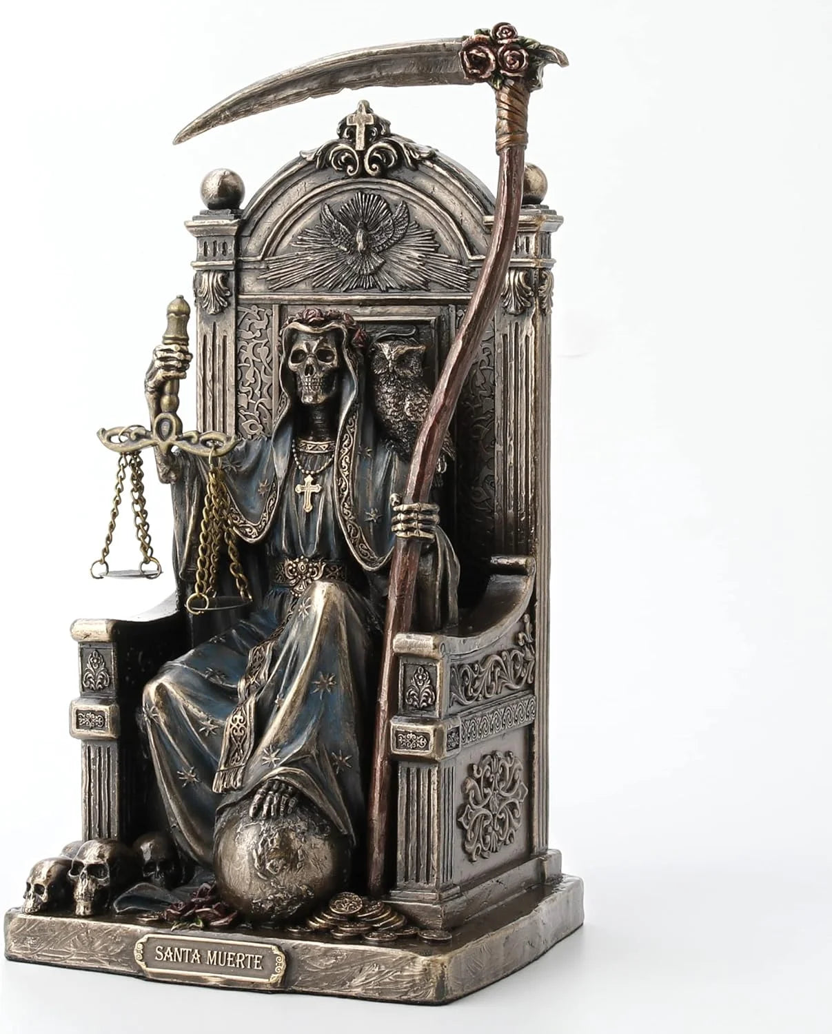 8 5/8" Sitting Santa Muerte Grim Reaper Scythe And Scale Resin Sculpture Antique Bronze Finish