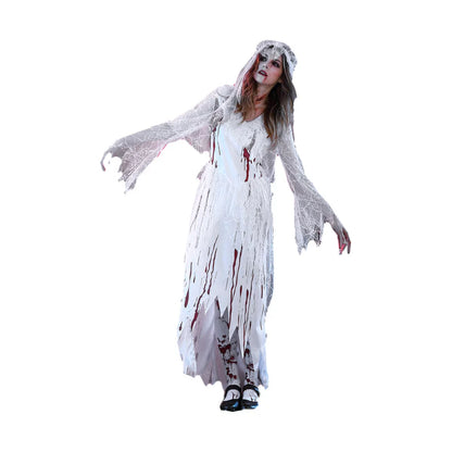 Adult Women's Irregular Blood Corpse Bride Halloween Long Dress Party Cosplay Costume with Veil - Size M (White)