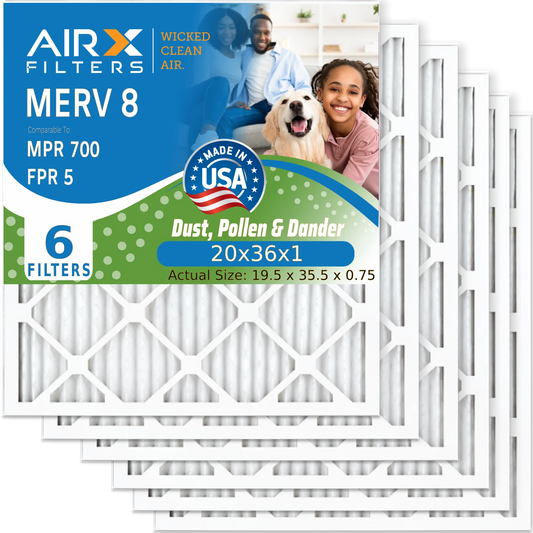 20x36x1 Air Filter MERV 8 Comparable to MPR 700 & FPR 5 Electrostatic Pleated Air Conditioner Filter 6 Pack HVAC AC Premium USA Made 20x36x1 Furnace Filters by AIRX FILTERS WICKED CLEAN AIR.