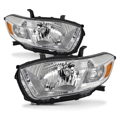 AKKON - Fits 2008 2009 2010 Toyota highlander [Halogen Type] Chrome Headlights Pair Left+Right Replacement