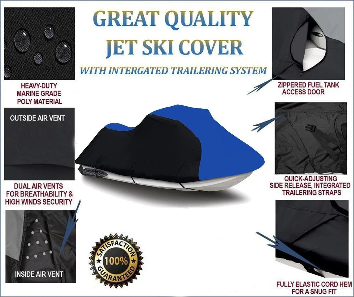 BLACK / BLUE HEAVY-DUTY, 600 DENIER Cover Compatible for Polaris Genesis 1999 2000 2001 2002 Jet Ski Watercraft Cover