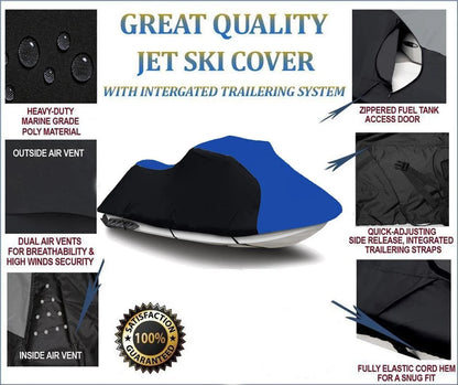 BLACK / BLUE HEAVY-DUTY Cover Compatible for YAMAHA WaveRunner Sport VX-110 2005 2006 Jet Ski Watercraft Cover