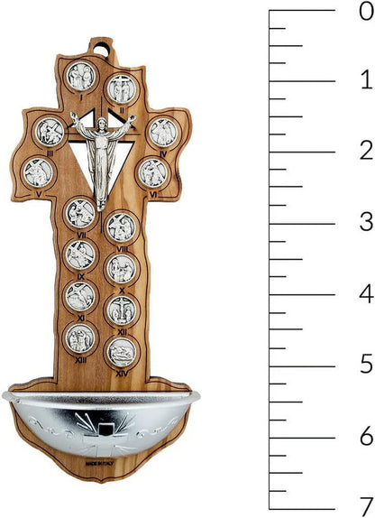 7" Olive Wood Crucifix Style Holy Water Font