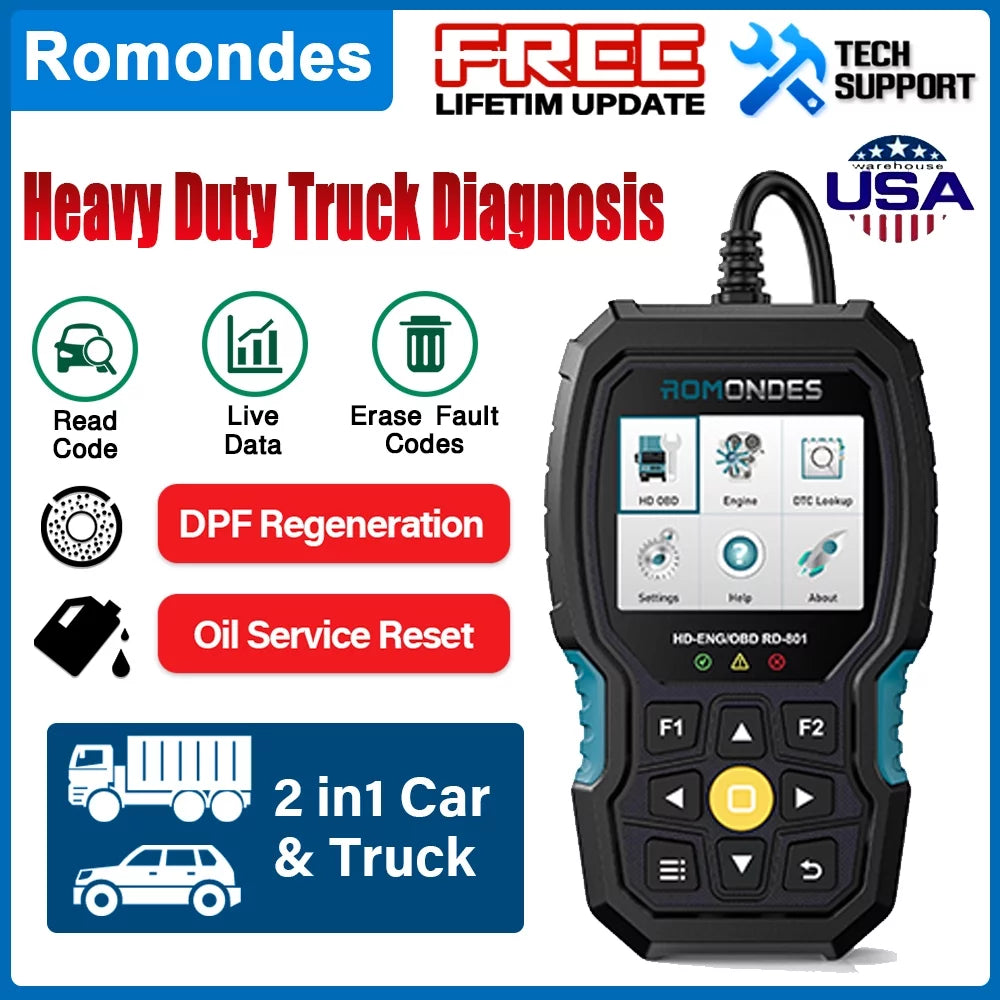 Romondes RD901 Heavy Duty Truck Scanner EOBD OBD2 Scan Tool HD OBD Diesel Scanner All System Diagnostic Tool with DPF Oil Light Reset HD Heavy Duty Truck OBD Car 2 in 1 Code Reader