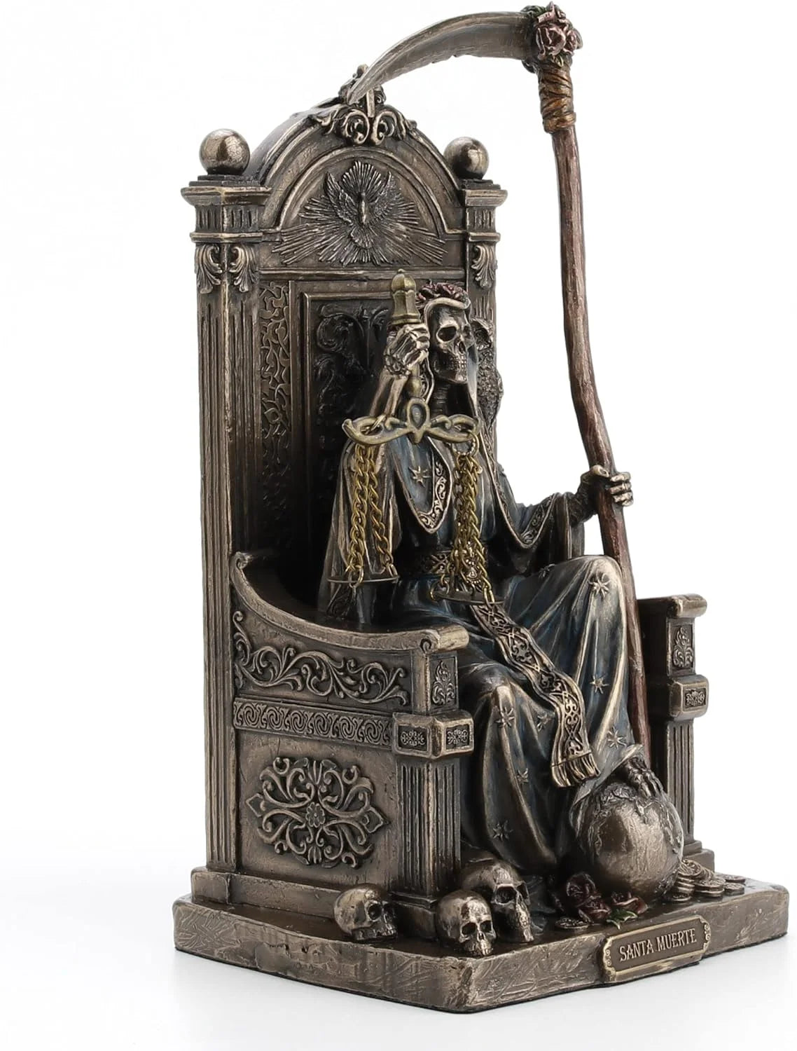 8 5/8" Sitting Santa Muerte Grim Reaper Scythe And Scale Resin Sculpture Antique Bronze Finish