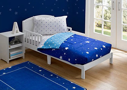 Toddler Bedding Set | Boys 4 Piece Collection | Fitted Sheet, Flat Top Sheet w/ Elastic bottom, Fitted Comforter w/ Elastic bottom, Pillowcase | Delta Children | Boys Starry Night | Blue Stars