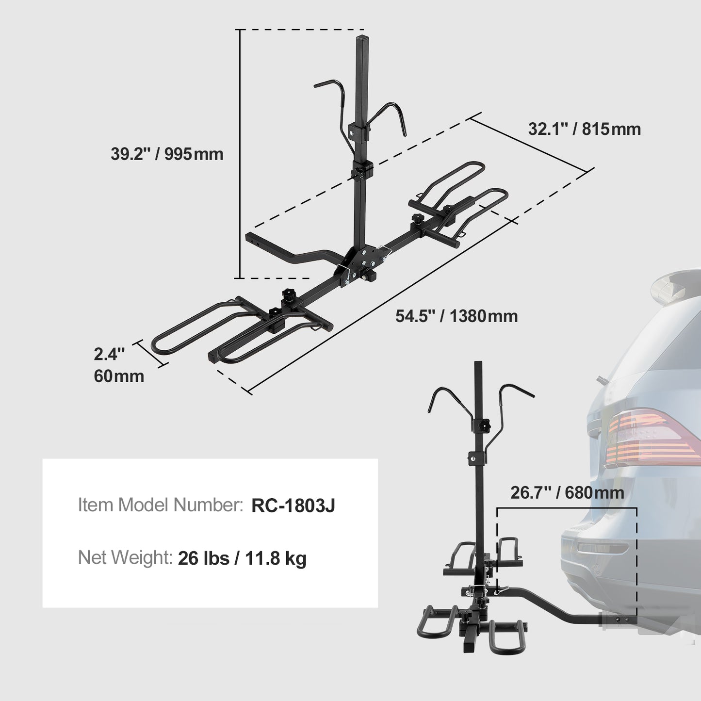 SKYSHALO Hitch Mount Folding Carrier Car Truck SUV 1.25"/2" Receiver 2-Cycle Rack