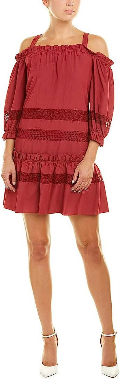 BCBGMax Azria Women's Cold Shoulder Lace Insert Dress, TIBETAN RED, XS