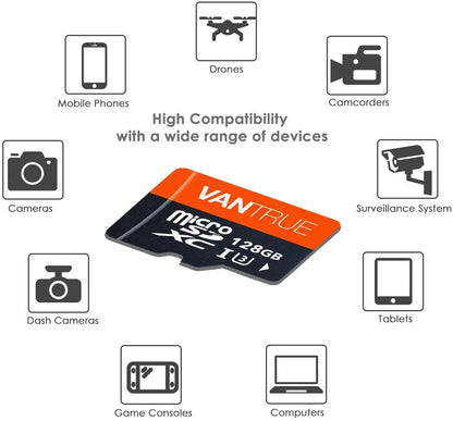 Vantrue 128GB U3 V30 Class 10 MicroSDXC UHS-I 4K UHD Video Monitoring Memory Card with Adapter for Dash Cams, Body Cams, Action Camera, Other Surveillance & Security Cams