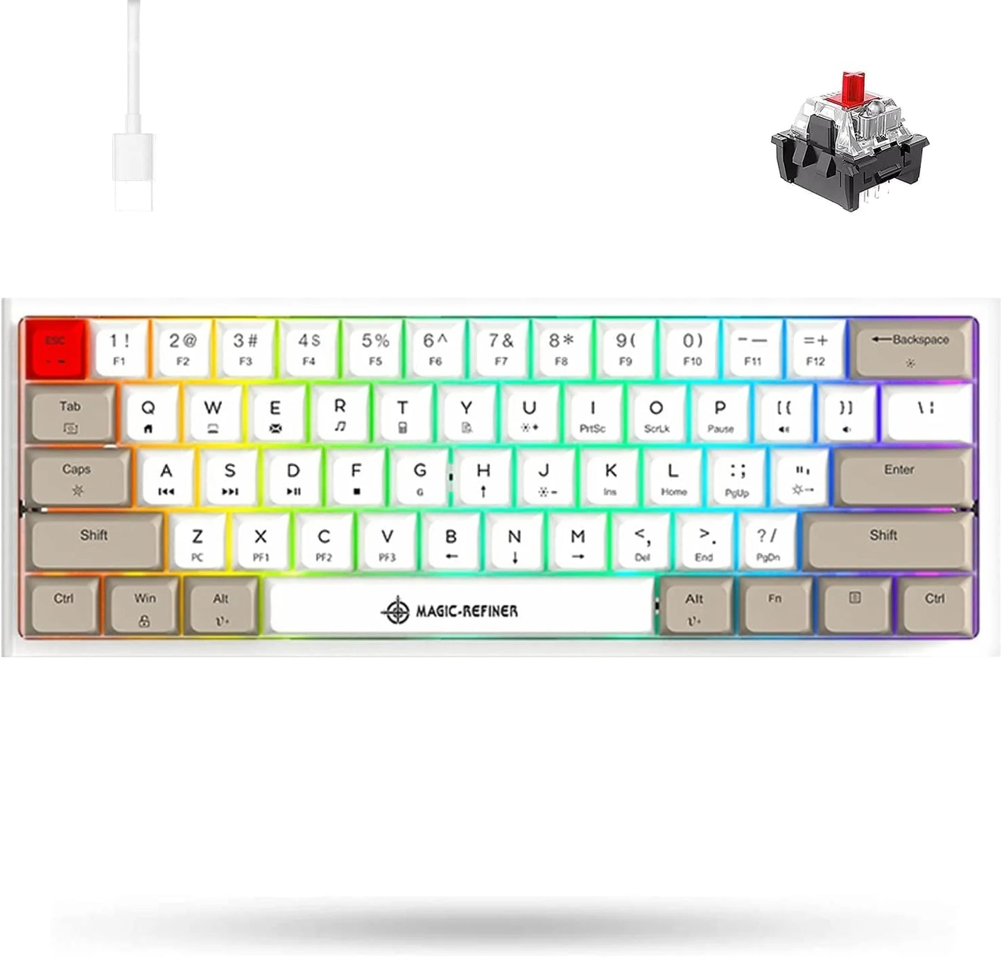 60% Portable Mechanical Gaming Keyboard, 14 Chroma Rgb Backlight, Dye-Sublimation Keycap, Type C Wired, Full Anti-Ghosting, For Pc/Windows/Mac/Ps4/Xbox (White Grey/Red Switch)