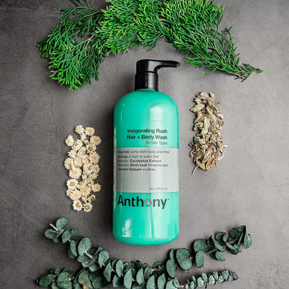 Anthony Invigorating Rush Hair and Body Wash, 32 Fl Oz, Contains Eucalyptus Extract, Canadian Balsam, Birch Leaf, 2-In-1 Formula For Hair and Body, That Cleanses, Refreshes, Hydrates and Soothes