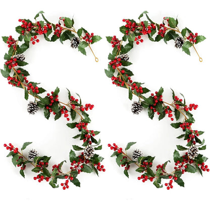 Blosmon Christmas Garland Decorations 2 Pcs 5.9Ft Artificial Red Berry Garland Christmas Leaves Pinecones Indoor Outdoor DIY for Fireplace Kitchen Door Party Holiday Decor