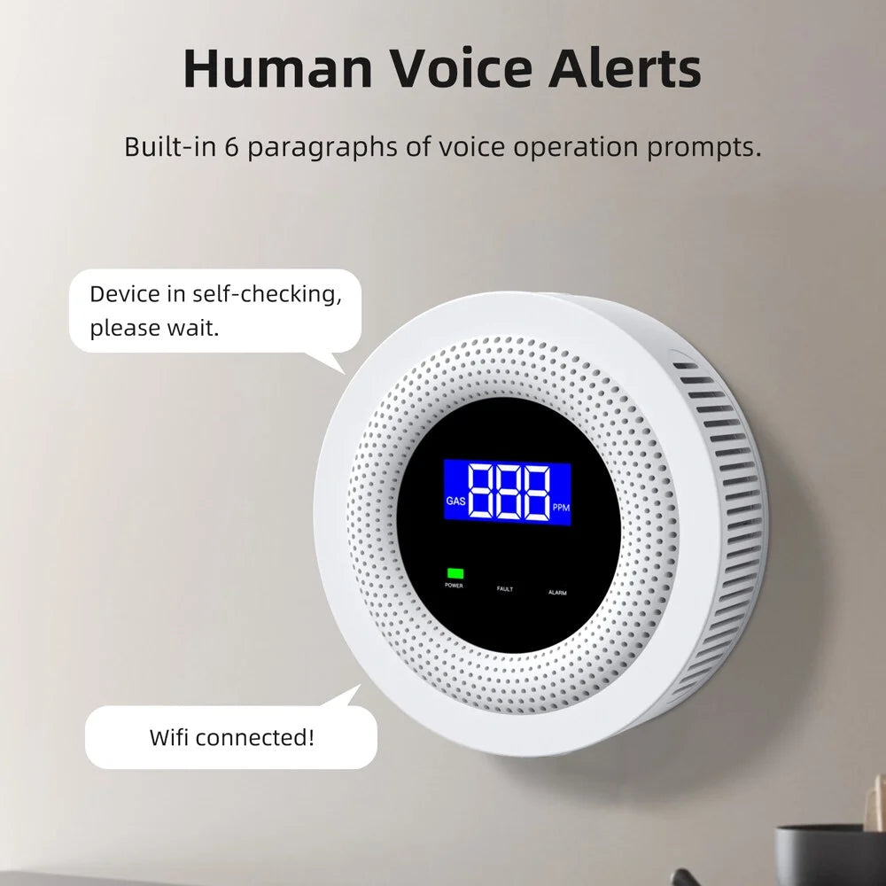 Tuya Wifi Gases Leakage Detection Device Live Voice Prompt APP Remote Alarm with Concentration Display USB Power Supplys High Decible Alarm