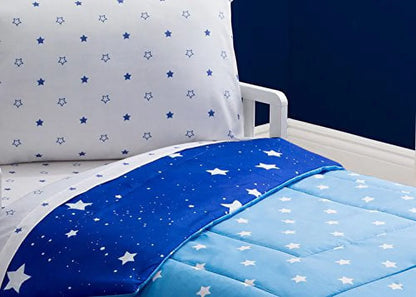 Toddler Bedding Set | Boys 4 Piece Collection | Fitted Sheet, Flat Top Sheet w/ Elastic bottom, Fitted Comforter w/ Elastic bottom, Pillowcase | Delta Children | Boys Starry Night | Blue Stars