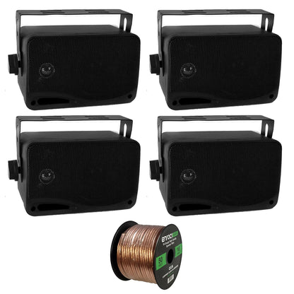 4 x New Pyle PLMR24 3.5'' 200 Watt 3-Way Weather Proof Marine Mini Box Speaker System (Black), and Enrock Audio 16-Gauge 50 Foot Speaker Wire