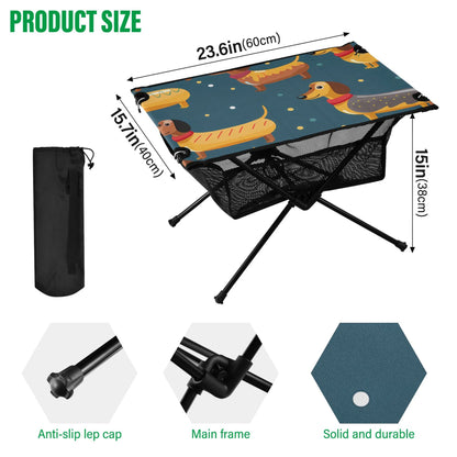 Cartoon Dachshund Dogs Camping Folding Table Portable Beach Table with Storage Bag Compact Picnic Table for Outdoor Travel Fishing BBQ